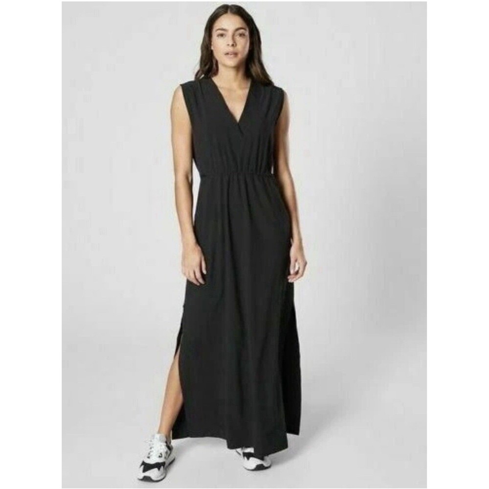 Athleta Marlow Maxi Dress Black Sleeveless V-Neck Slit Stretch Size Small EUC